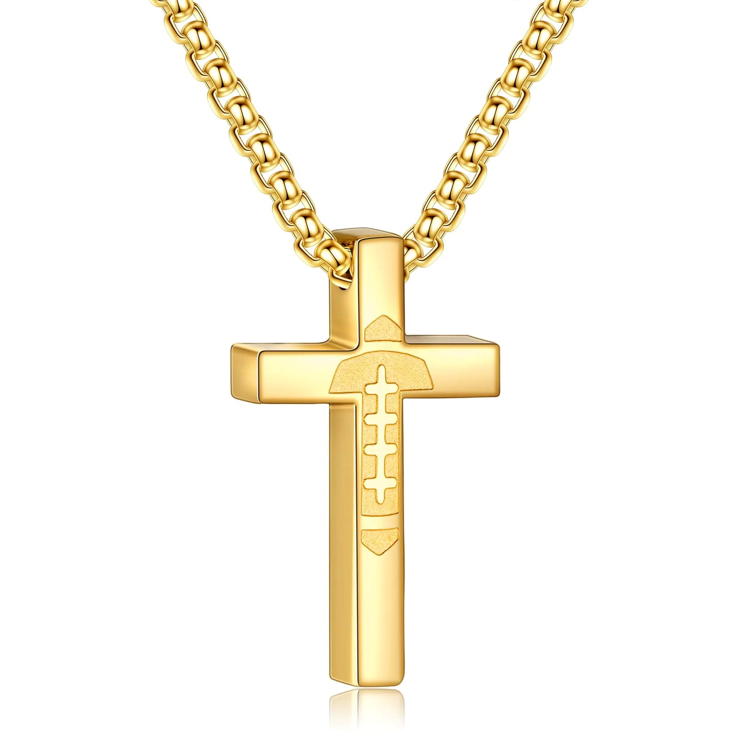P.BLAKE Football Cross Necklace for Boys Men Stainless Steel Gold Pendant Chain Christian Baptism First Communion Confirmation Accessories Jewelry Gifts For Teen Boys Ages Kids(16in)