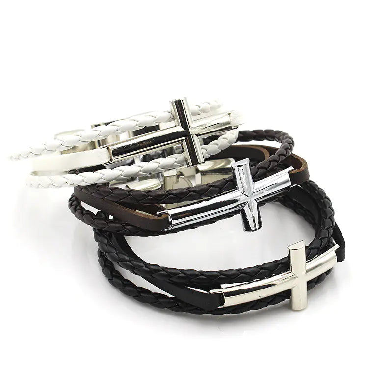 Men's Leather Bracelet with Cross Silver Buckle