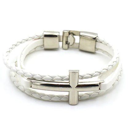Men's Leather Bracelet with Cross Silver Buckle