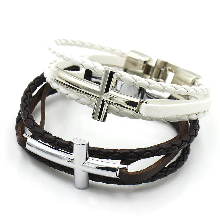 Men's Leather Bracelet with Cross Silver Buckle