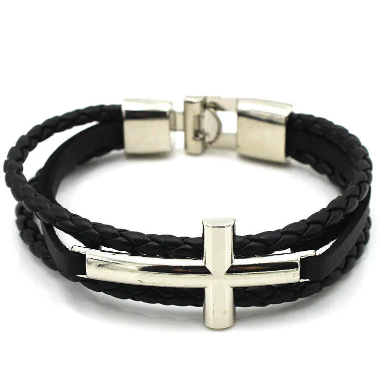 Men's Leather Bracelet with Cross Silver Buckle