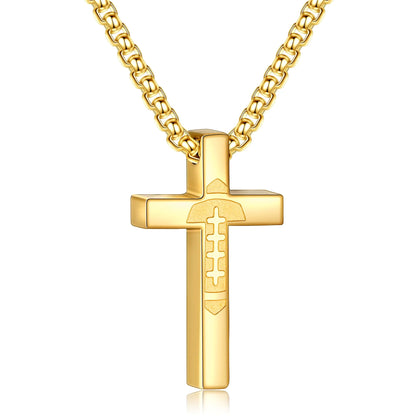 P.BLAKE Football Cross Necklace for Boys Men Stainless Steel Gold Pendant Chain Christian Baptism First Communion Confirmation Accessories Jewelry Gifts For Teen Boys Ages Kids（16in）
