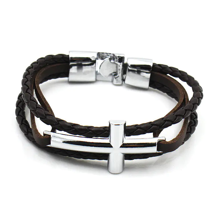 Men's Leather Bracelet with Cross Silver Buckle