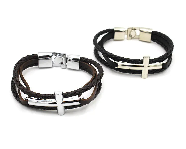 Men's Leather Bracelet with Cross Silver Buckle