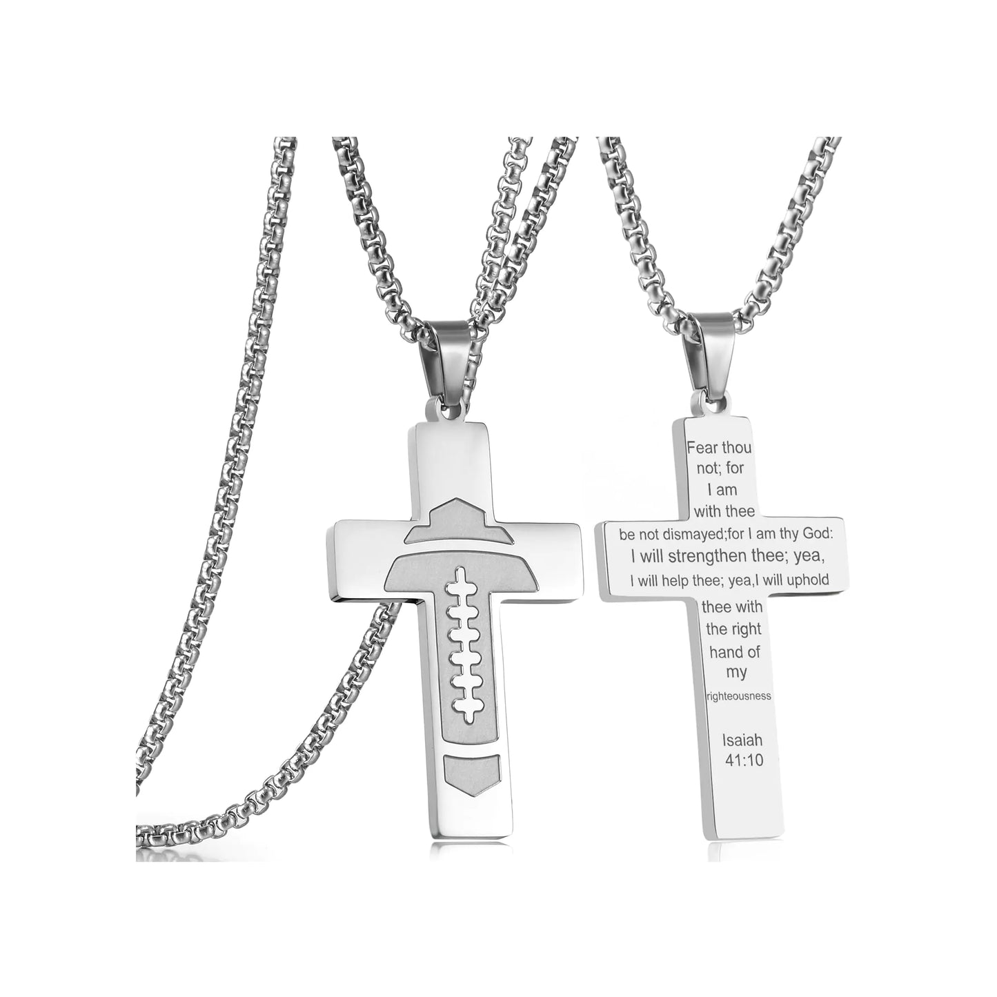 Silver Football Cross Necklace for Men Bible VerseReligious Faith Christian Scriptures Isaiah 41 10 Pendant Cross Chain Baptism 1st First Communion Gifts for Men Graduation Fathers Day Jewelry