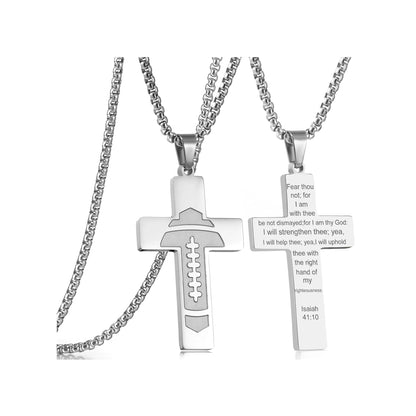 Silver Football Cross Necklace for Men Bible VerseReligious Faith Christian Scriptures Isaiah 41 10 Pendant Cross Chain Baptism 1st First Communion Gifts for Men Graduation Fathers Day Jewelry